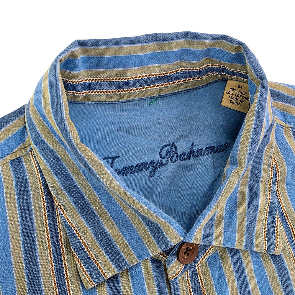 Tommy Bahama Silk Shirt Mens Medium Blue Stripe Short Sleeve Button Up - Picture 3 of 9